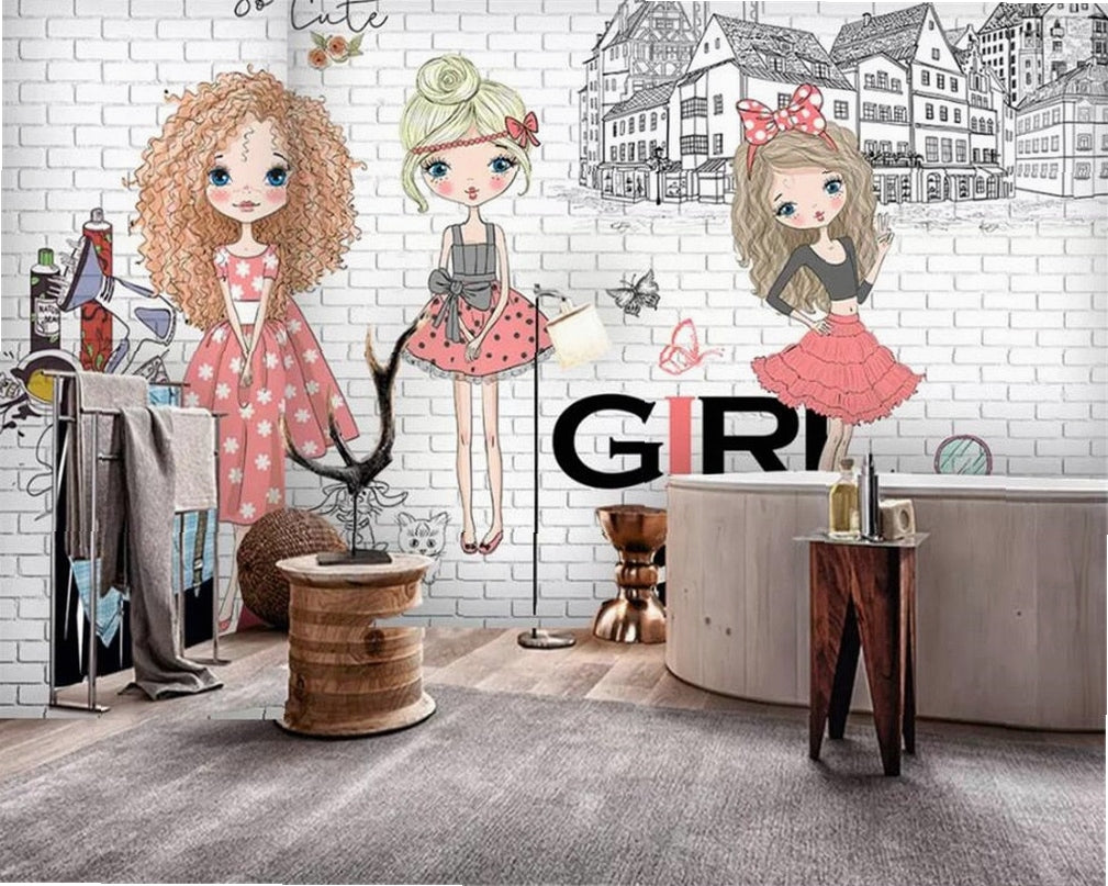 Beibehang custom made Large 3d Wallpaper Hand drawn urban fashion girl White brick city photo background wall 3d wallpaper