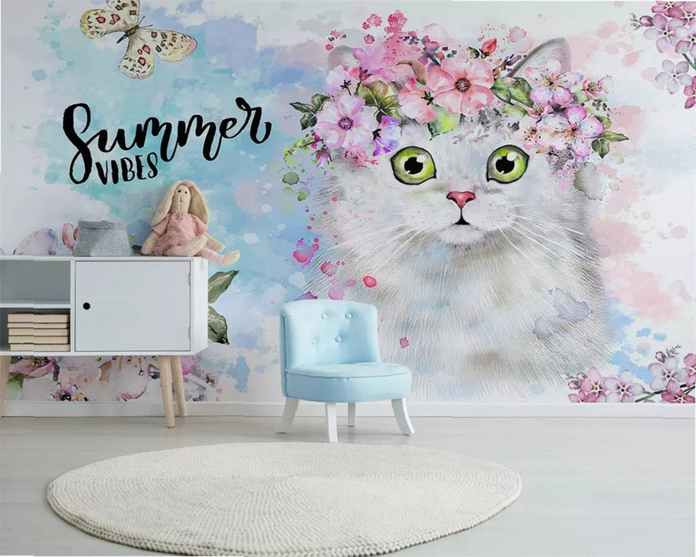 beibehang Custom fashion hand-painted watercolor cute cat dog animal pet children's room background papel de parede 3d wallpaper
