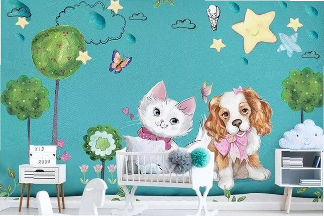 beibehang Custom fashion hand-painted watercolor cute cat dog animal pet children's room background papel de parede 3d wallpaper